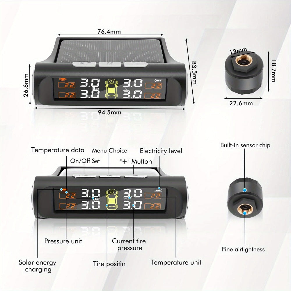 Solar TPMS Tire Pressure Monitoring System – Solar & USB Charging, 5 Alarm Modes, Color Display for 4-Wheel Vehicles