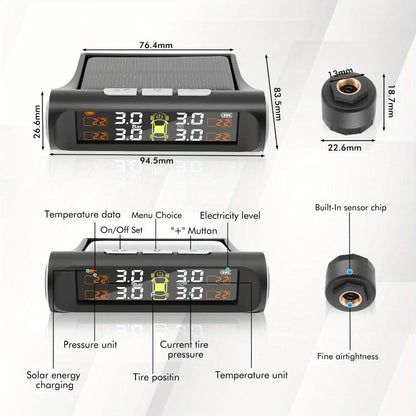 Solar TPMS Tire Pressure Monitoring System – Solar & USB Charging, 5 Alarm Modes, Color Display for 4-Wheel Vehicles