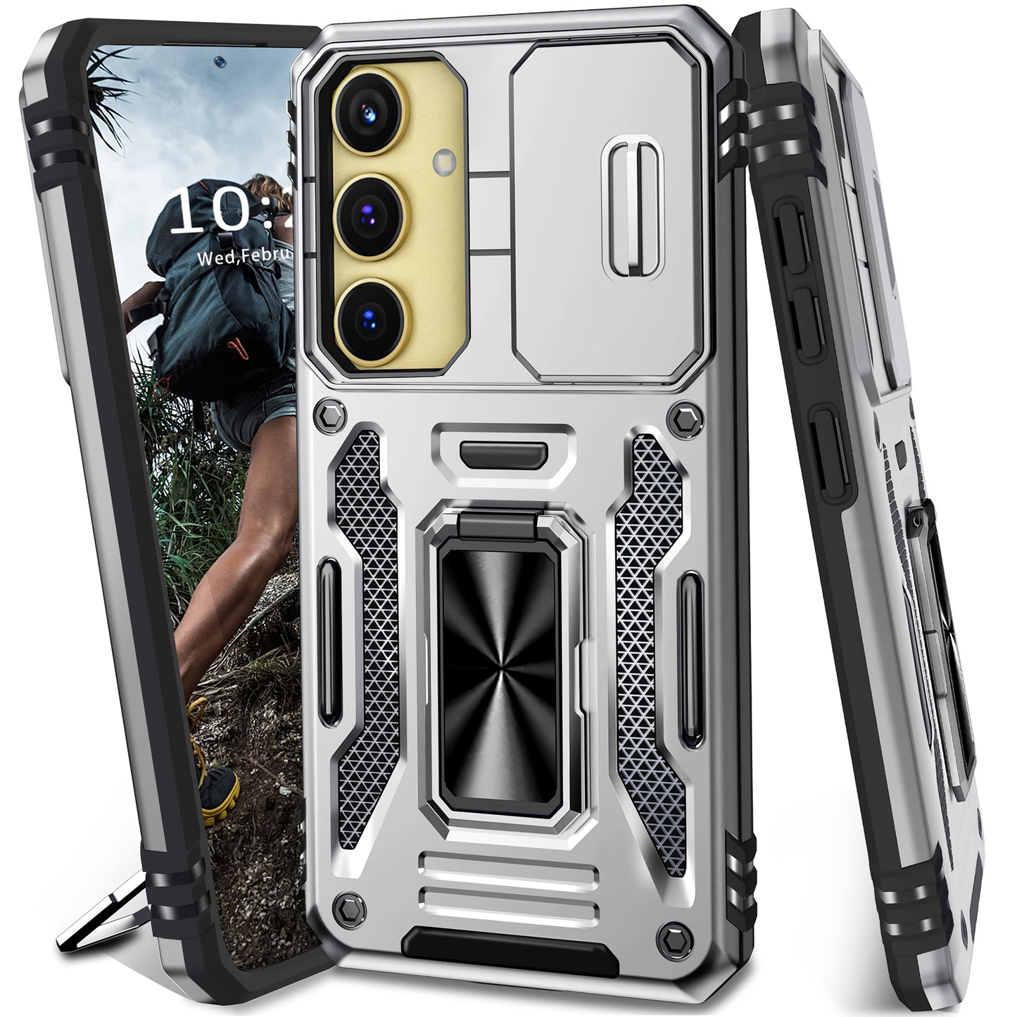 Samsung Galaxy Shockproof Magnetic Phone Case with 360° Rotating Ring Bracket & Sliding Lens Protector – Heavy Duty Cover for S24FE S23FE S22 S21FE Ultra A55 A54 A35 A34 A25 A24 A16 A15 A14 A06 A05 A05S 5G
