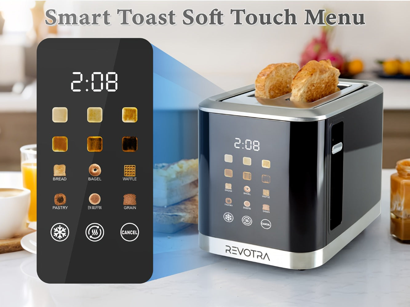 Black Two-Slice Toaster with LED Touch Panel, Six Bread Modes, Six Shade Settings and Removable Crumb Tray
