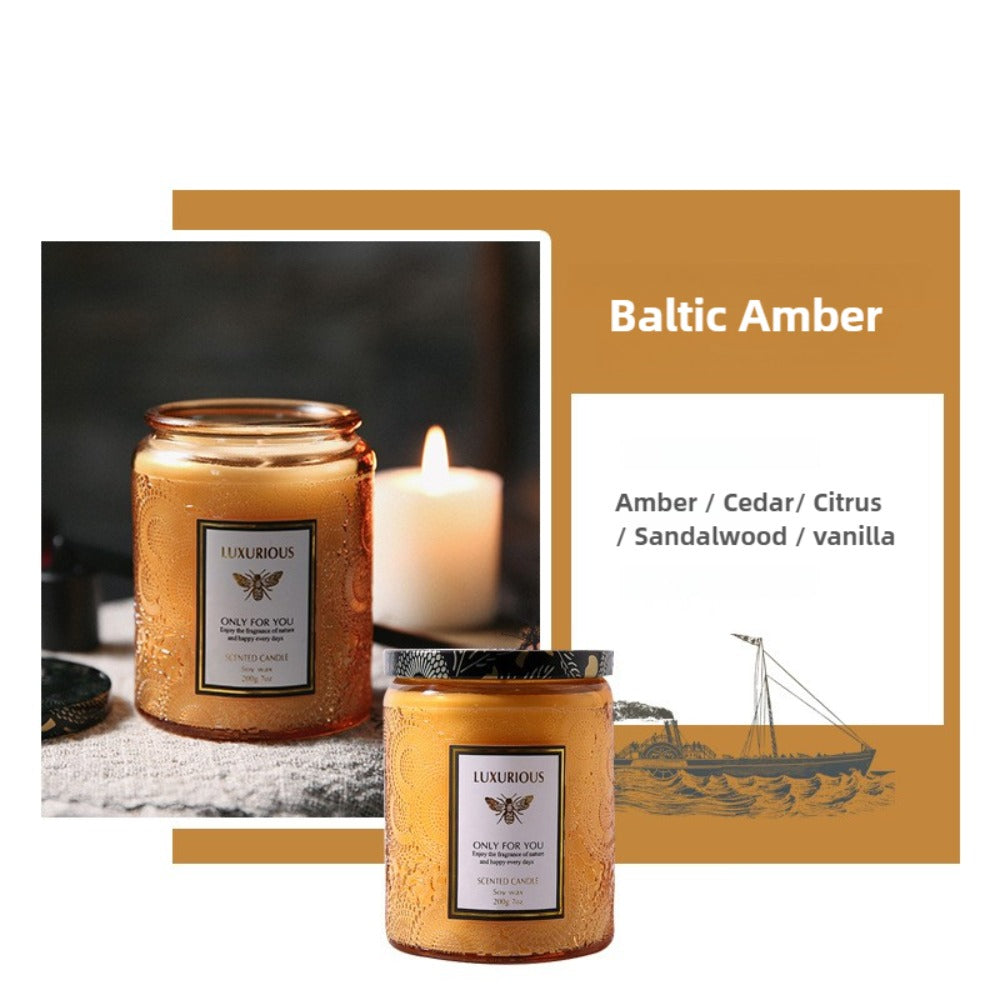 Single-Wick Relief Glass Jar Candle with Seven Scent Labels, Crystal-Style Detail and Boxed Presentation