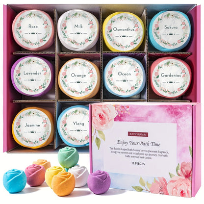 Bath Bombs, 12-Piece Shea Butter and Essential Oil Gift Set with Assorted Round Fizzers and Fragrance Labels