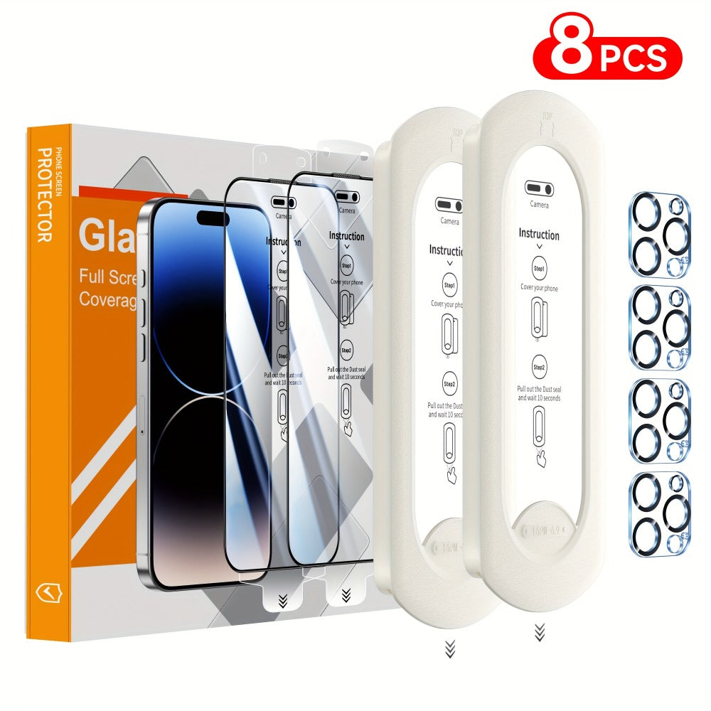 Screen Protector, 8-Piece iPhone Tempered Glass Set with Four Screen Films, Four Camera Lens Covers and Alignment Tools