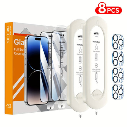 Screen Protector, 8-Piece iPhone Tempered Glass Set with Four Screen Films, Four Camera Lens Covers and Alignment Tools