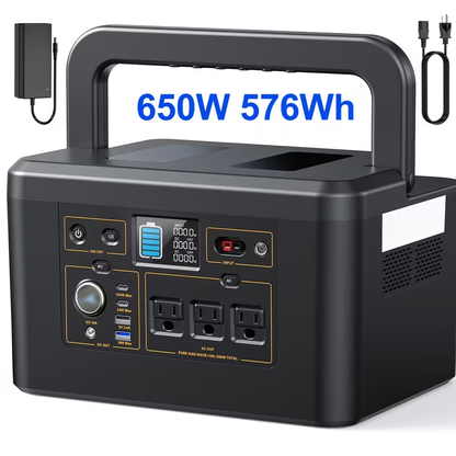 Portable Power Station 576Wh 650W or Compact 150W Configuration with Six Outputs and LED Light