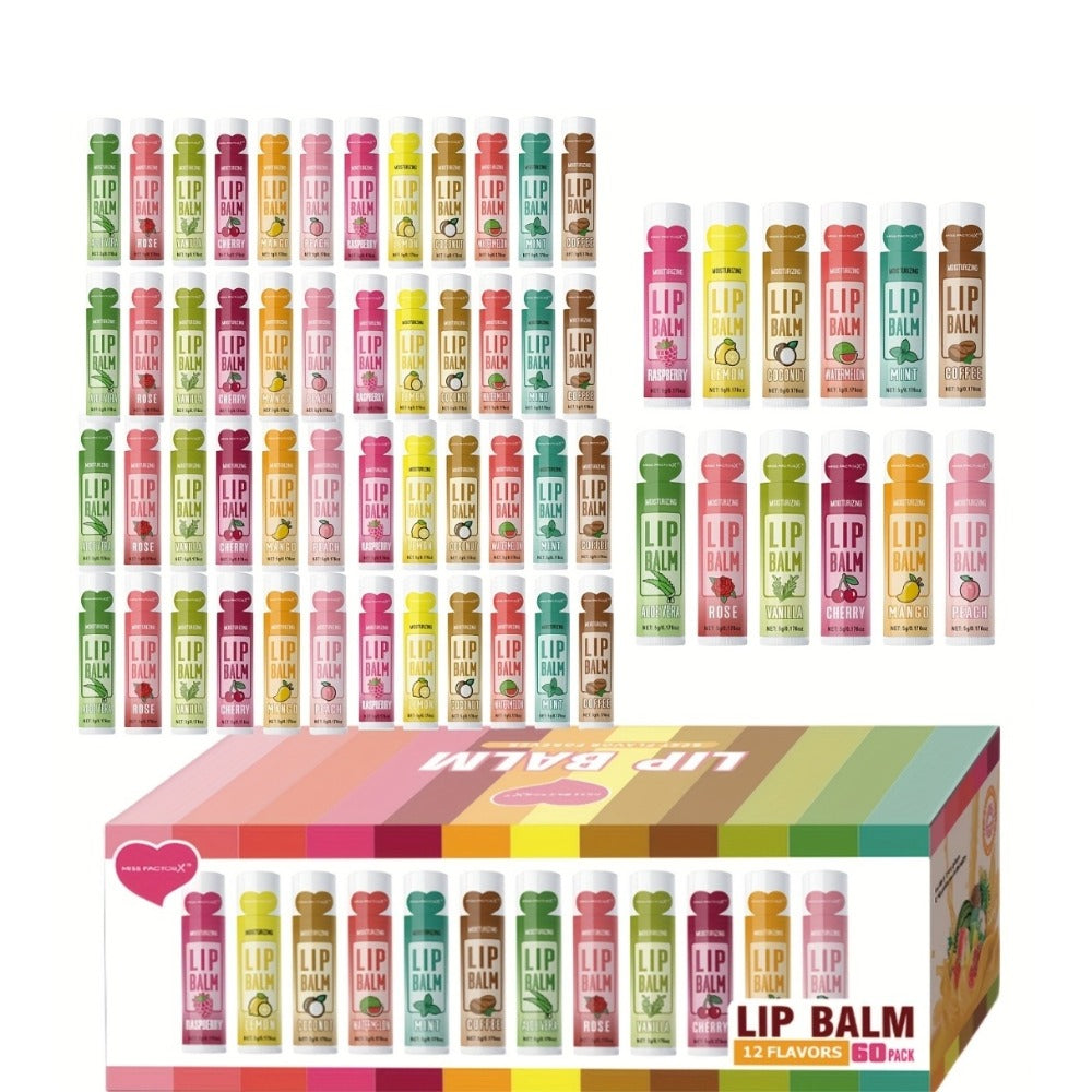 60-Piece Tube Lip Balm Set with 12 Pictured Flavor Labels in a Multicolor Display Box Assortment