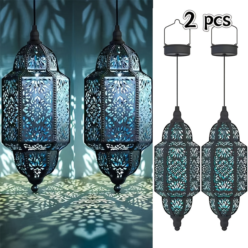 Solar Lanterns Outdoor 2 Pack Moroccan Cut-Out Design IP54 Waterproof Auto Dusk-to-Dawn Garden Pathway Patio Lantern Lights Gold Purple White Copper
