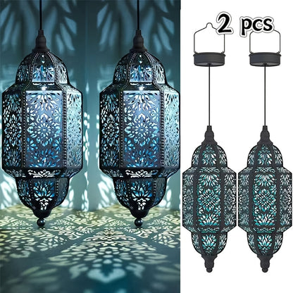Solar Lanterns Outdoor 2 Pack Moroccan Cut-Out Design IP54 Waterproof Auto Dusk-to-Dawn Garden Pathway Patio Lantern Lights Gold Purple White Copper
