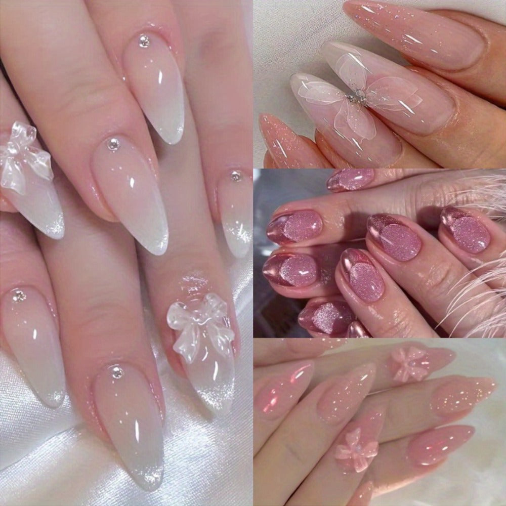 Ice Pink Almond Press On Nails 96 Pieces 4 Packs – Gradient Flower Butterfly Glossy Full Cover False Nails for Women Girls | Shiny Nail Tips Daily Wear Spring Summer Bridal Wedding Nail Art Kit