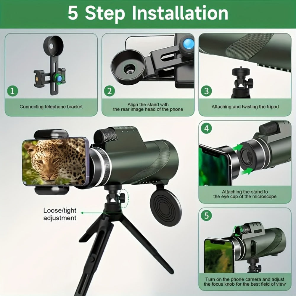 10x42 Monocular Telescope with Smartphone Adapter, Tripod and Black or Green Checkout Options