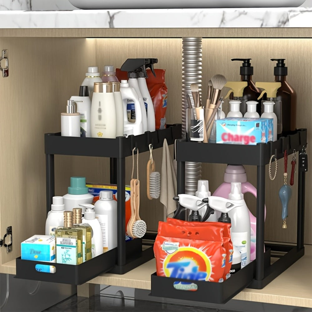 Under Sink Organizer 2pcs Double Tier Sliding Storage Basket with 8 Hooks – Kitchen Bathroom Cabinet Rack Shelf