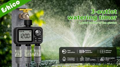 3-Zone Sprinkler Timer with Auto/Manual/Rain Delay Modes – Programmable Garden Hose Irrigation Controller, LCD Display, IPX5 Waterproof