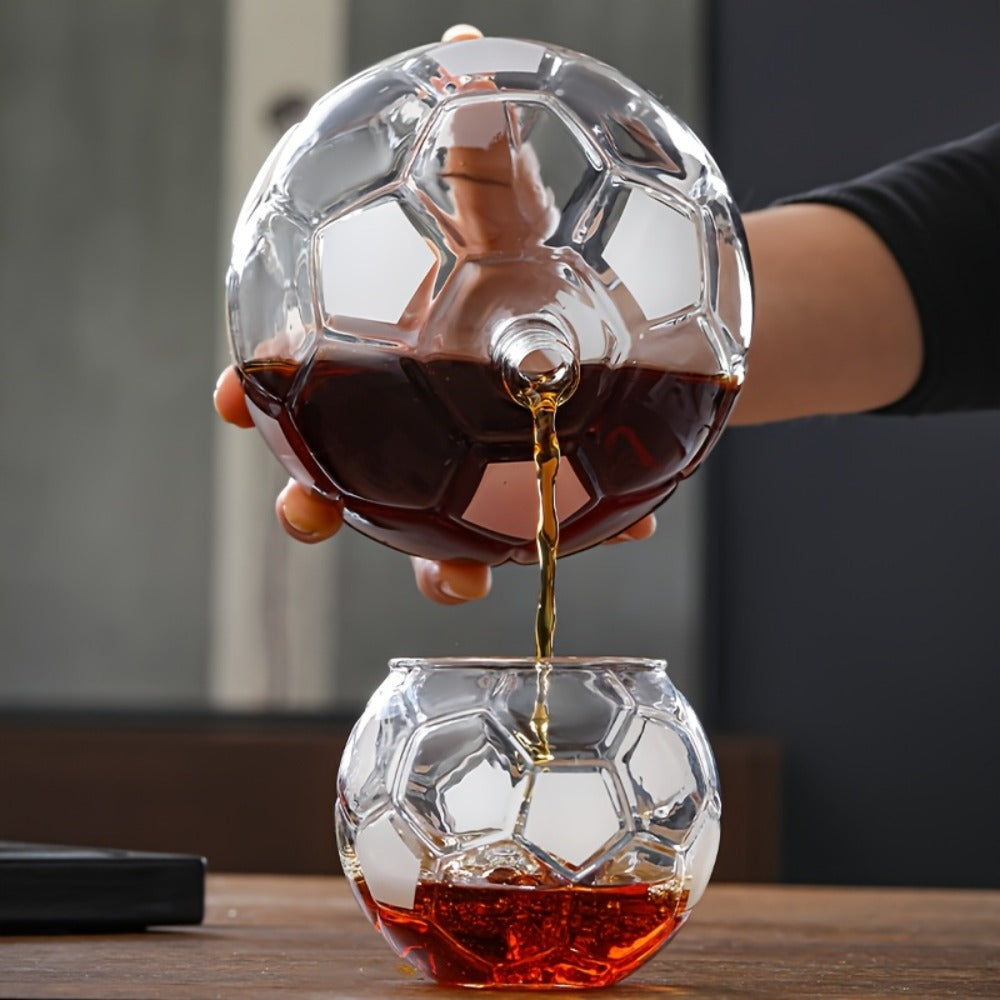 Soccer Ball Whiskey Decanter Set with 30 oz Ball-Shaped Bottle, Four Matching Cups and Black Display Stand
