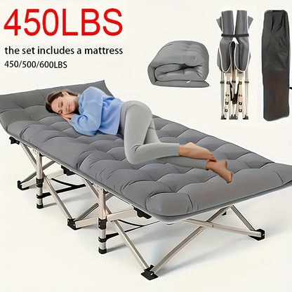 Folding Camping Bed with Carry Bag and No-Pad or Mattress Checkout Options Labeled 450, 500 or 600 lb