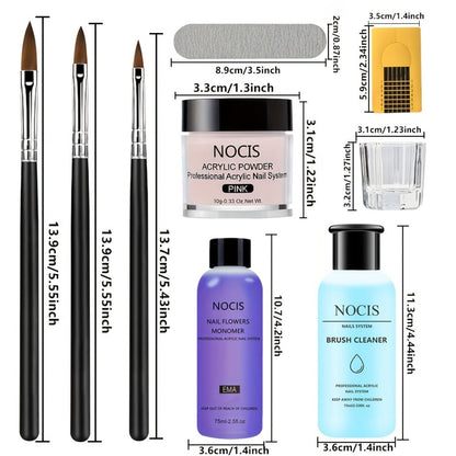 Acrylic Nail Kit NOCIS Three-Color Powder Set with Liquid Monomer, Brush Cleaner, Four Brushes and Mixing Cup