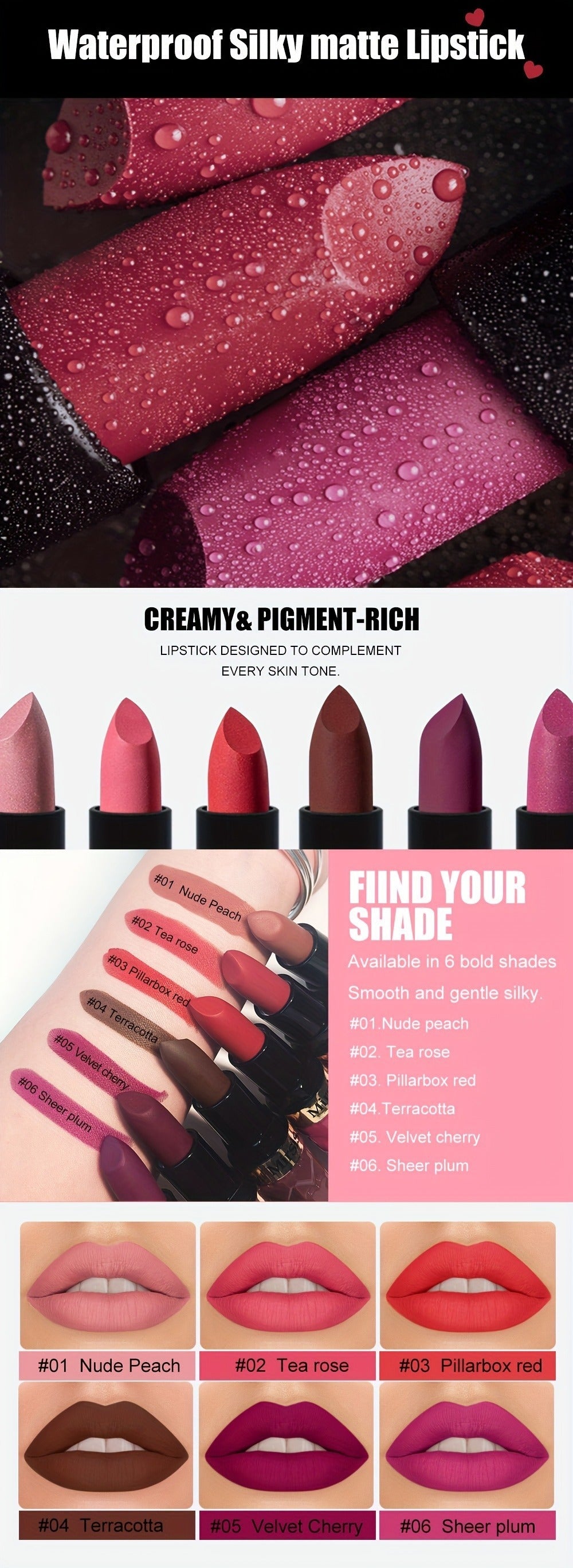 Lipstick Set, Mirsist 6-Piece Silky Matte Bullet Collection in Nude, Red, Brown, Berry and Plum Colors