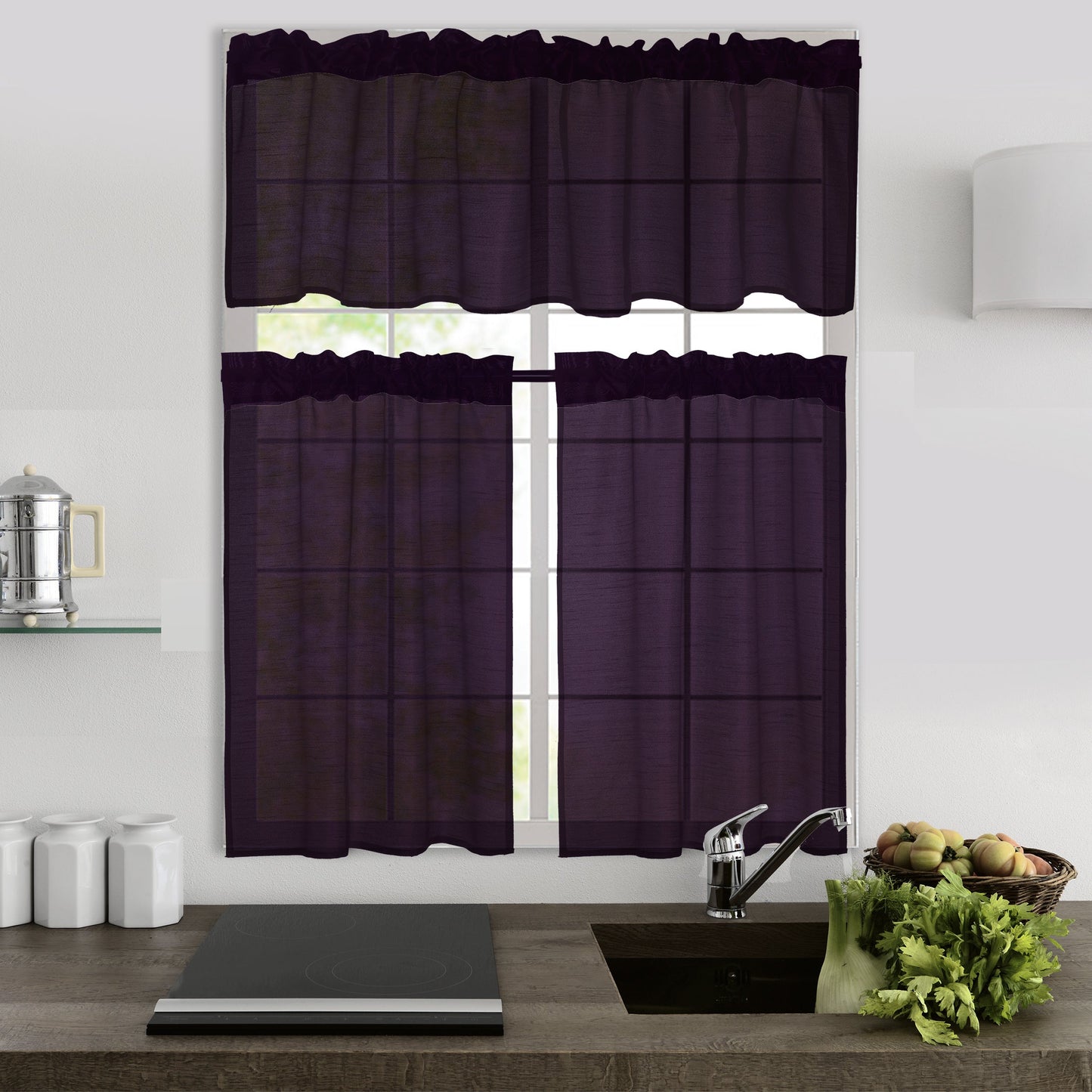 Kitchen Curtains 3 Panels Faux Silk Sheer Tier and Valance Set Rod Pocket 2 Tiers 26x36 inch + Valance 52x14 inch for Kitchen Bathroom Window Drapes
