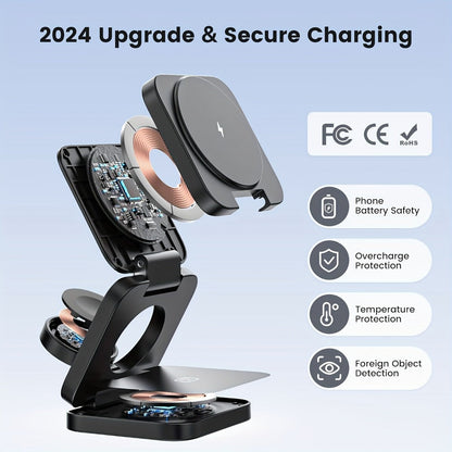 Wireless Charging Station, Alilong Foldable 3-in-1 Magnetic Travel Dock in Black for Apple Devices