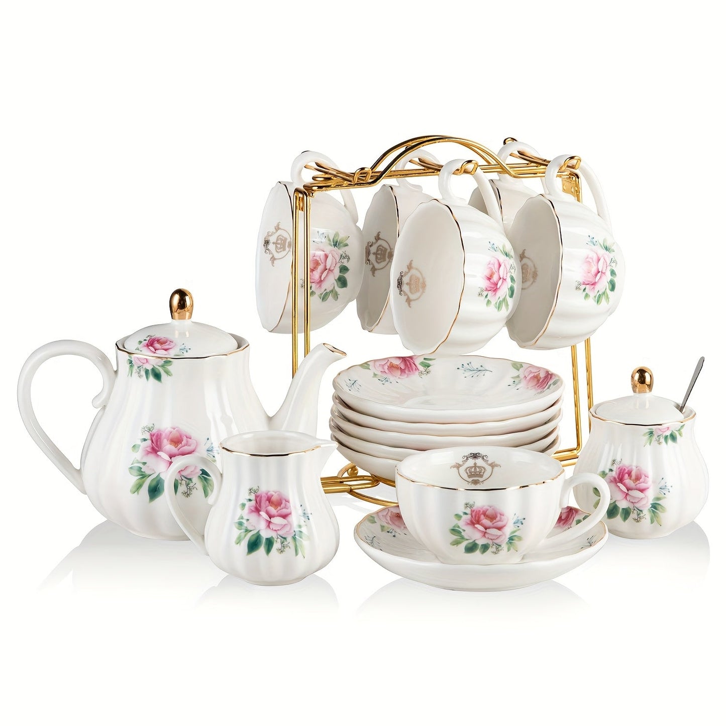 Floral Porcelain-Style Tea Service Set for Six in Five Coral, Peach, Rose, Peony or Spring Designs