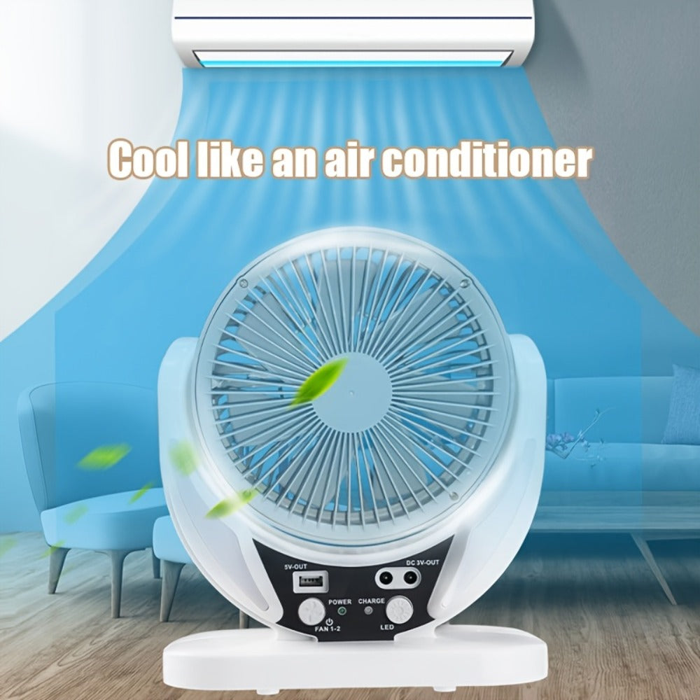 Solar Desk Fan with Adjustable Stand, Separate Panel, USB Input, Phone Output and 1-Piece Package