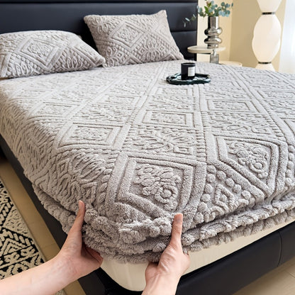Embossed Fitted Bed Sheet Super Soft Jacquard Mattress Cover Deep Pocket All Season Twin Full Queen King Washable Bedding White Gray Khaki Blue Green