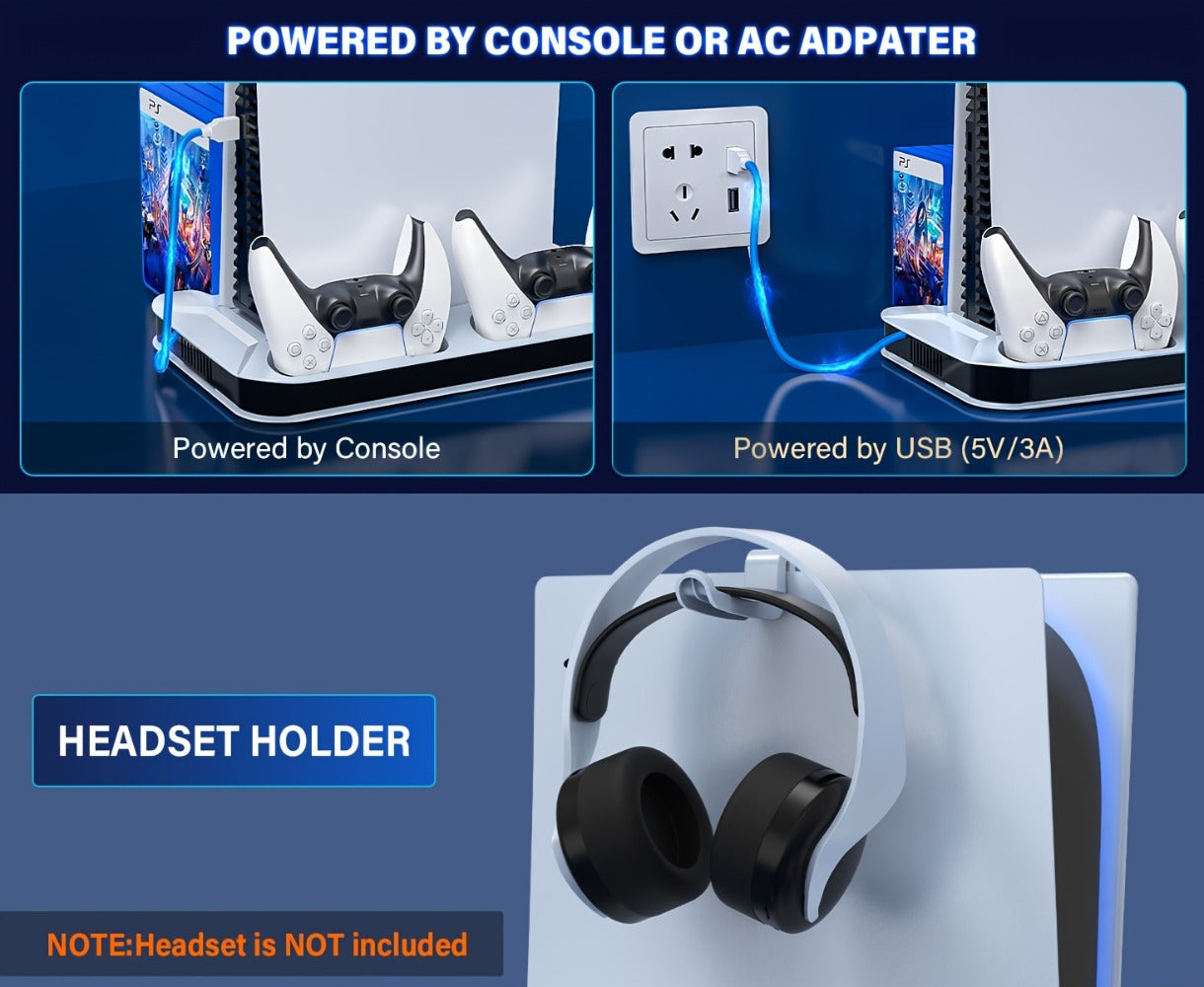 Black Console Cooling Stand Compatible with PS5, Slim and Pro Models, Three Fan Speeds and Dual Controller Dock