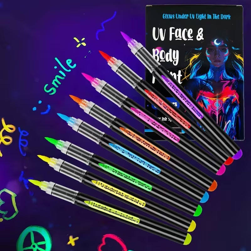 Neon Body Face Paint Pens Set of 8 – Glow-in-the-Dark UV Reactive Markers for Temporary Tattoos, Party Makeup, Mardi Gras, Music Festivals, Masquerade & Halloween