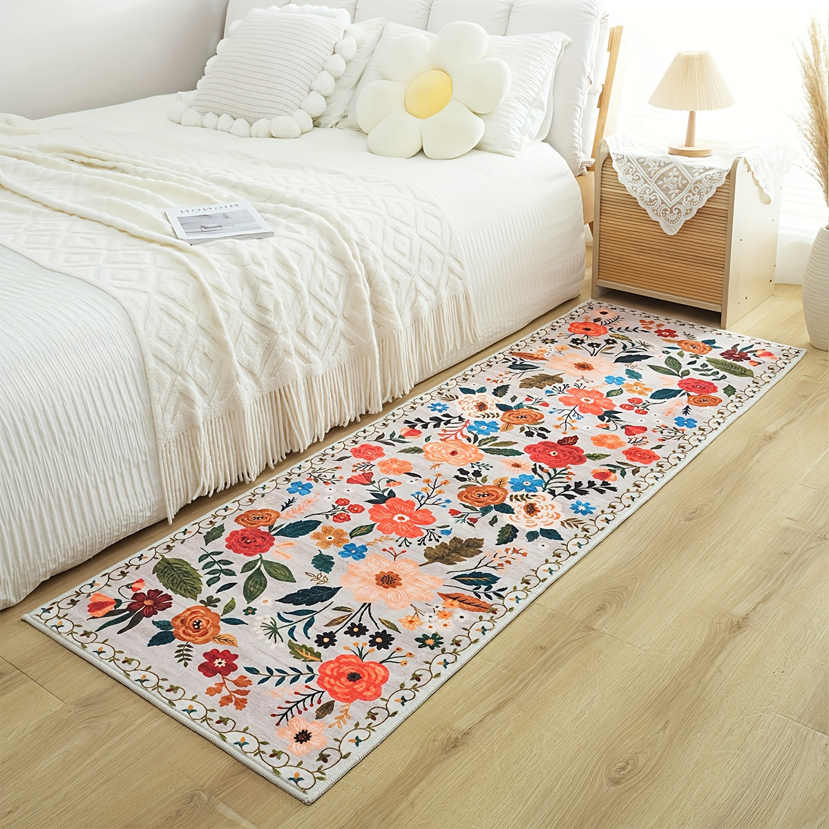 Area Rug Bohemian Floral Plush Runner with Four Machine-Washable Sizes for Bedroom or Kitchen