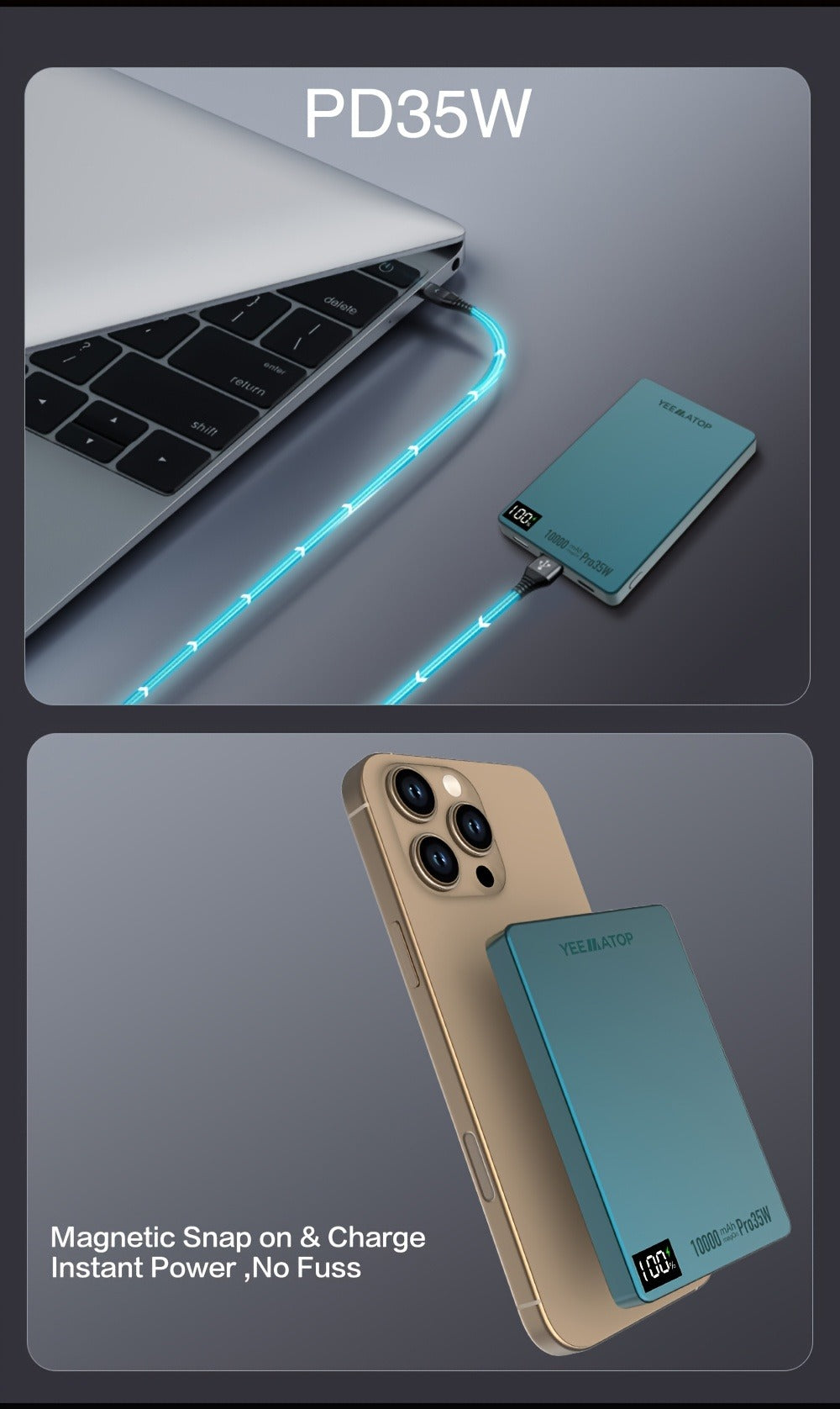 10000mAh Thin Magnetic Power Bank with 35W USB-C and 30W USB-A Port Markings in Four Colors
