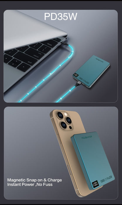 10000mAh Thin Magnetic Power Bank with 35W USB-C and 30W USB-A Port Markings in Four Colors