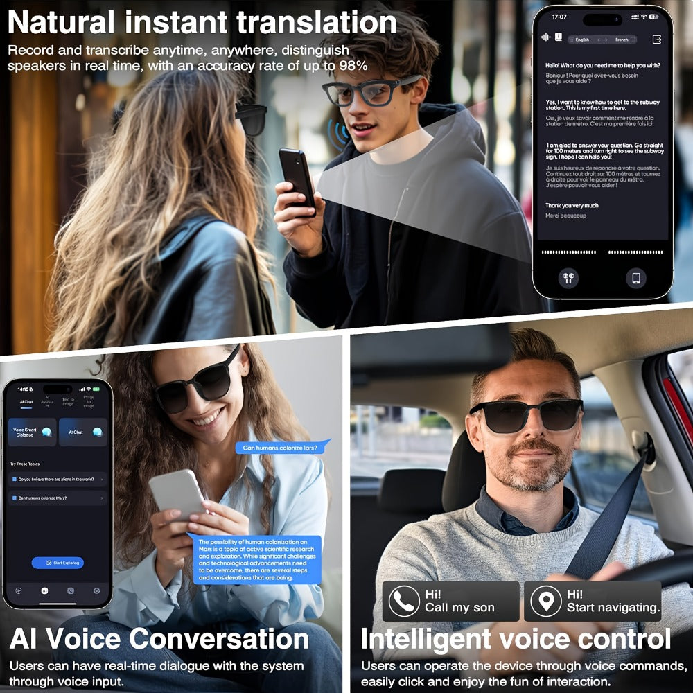 AI Smart Glasses with 4K Camera & Real-Time Translation – Object Recognition Open-Ear Dual Speaker | Touch Control | Ultra-Light Frame | 8hrs Battery USB-C | Hands-Free Travel Work Outdoor | Tech Gift