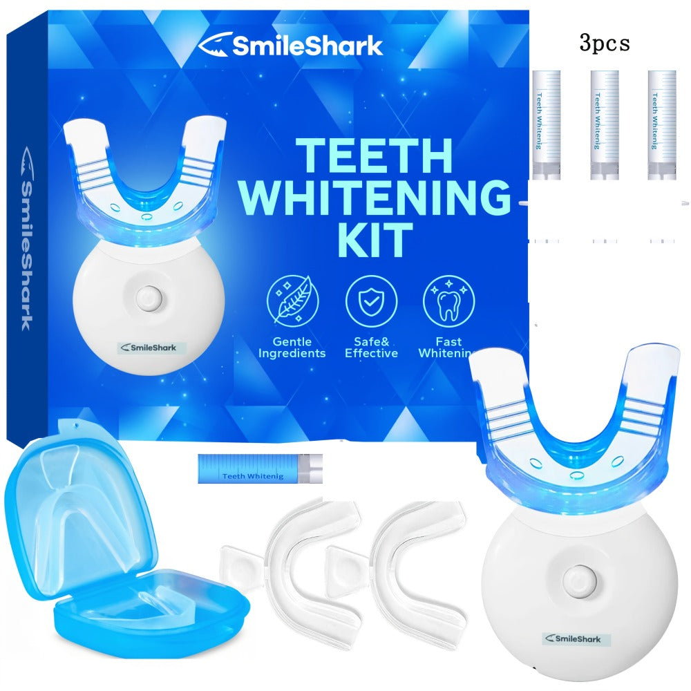Battery-Powered LED Teeth Whitening Kit with Three Gel Syringes, Mouth Trays and Storage Case