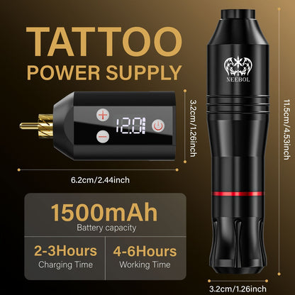 Tattoo Machine Kit Neebol Wireless Pen with Screen Display, 10 Cartridges, 7 Inks and Four Color or Pro Options