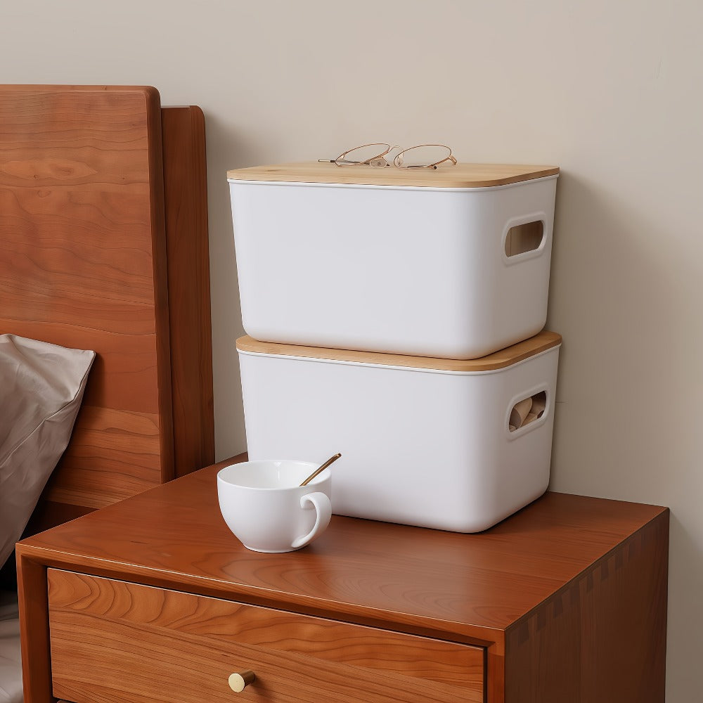 Plastic Storage Bins with Wood Lids Stackable Organizer with Handle and Labels for Home Office Kitchen Bedroom Closet Playroom 1 2 4 8 Pack