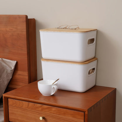 Plastic Storage Bins with Wood Lids Stackable Organizer with Handle and Labels for Home Office Kitchen Bedroom Closet Playroom 1 2 4 8 Pack