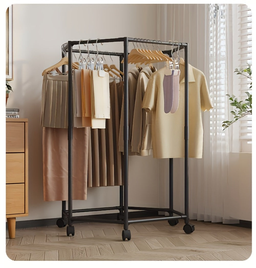Rotating Hexagonal Garment Rack with Six-Sided Hanging Frame, Casters and Black or White Mesh-Bag Options