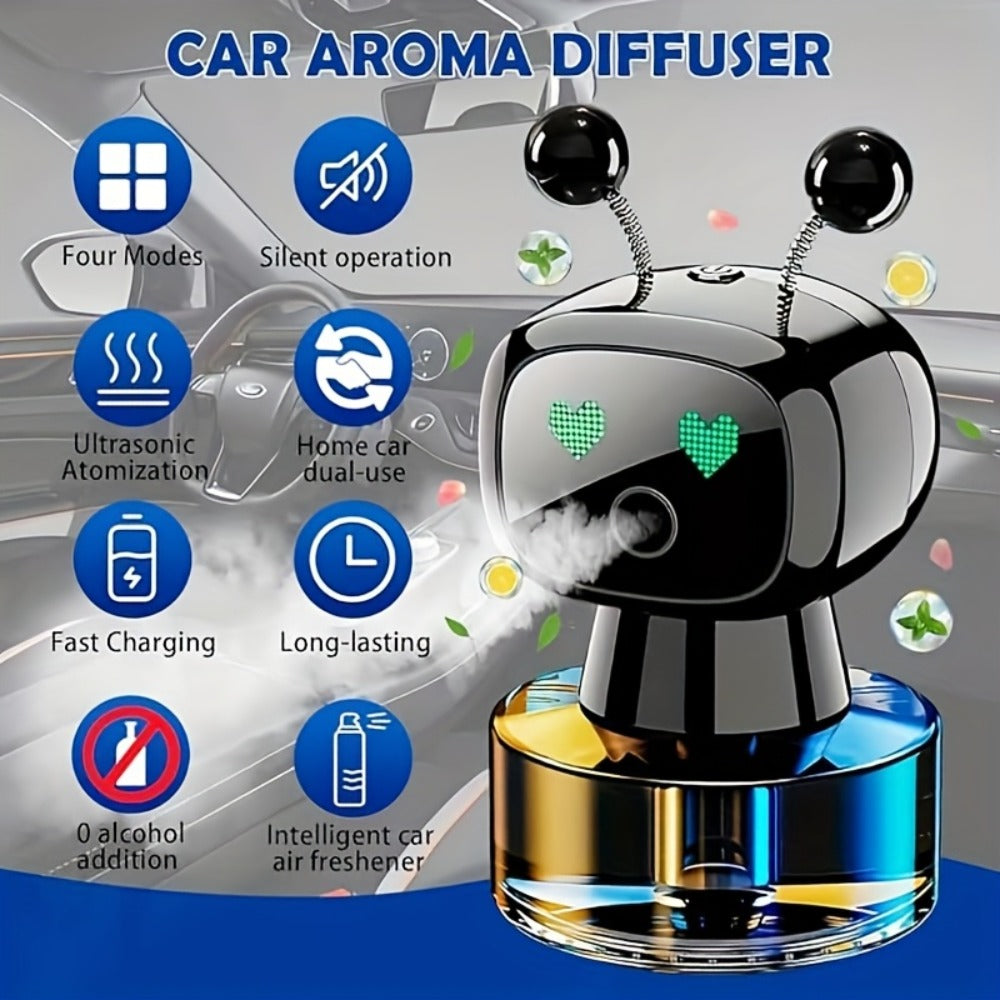 Car Air Freshener Auto Spray Robot Design USB Rechargeable – AI Expression Display, 4-Level Fragrance Control, Vent Clip Diffuser | 4 Colors & Scents | Gift for Car Lovers Men Women