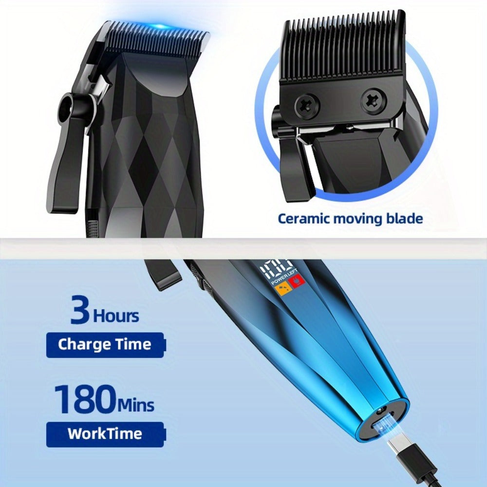 Hair Clipper Cordless Ceramic-Blade Trimmer with 7000RPM Motor, Eight Guide Combs and Three Colors