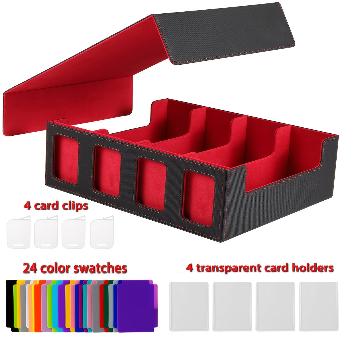 Four-Row Trading Card Storage Box with Display Windows, Four Colors and Pictured Divider Accessories