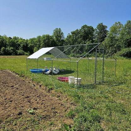 Walk-In Metal Poultry Enclosure in Six Size Options with Mesh Walls, Door and Partial Roof Cover