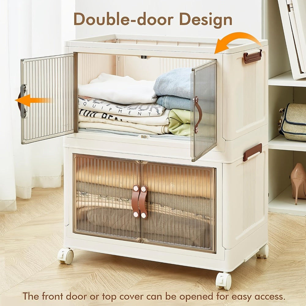 Stackable Storage Bins with Wheels & Drawers | Open Front Foldable Storage Organizer Bins for Home Bedroom Clothes Books Toys Holiday Christmas Gift Storage