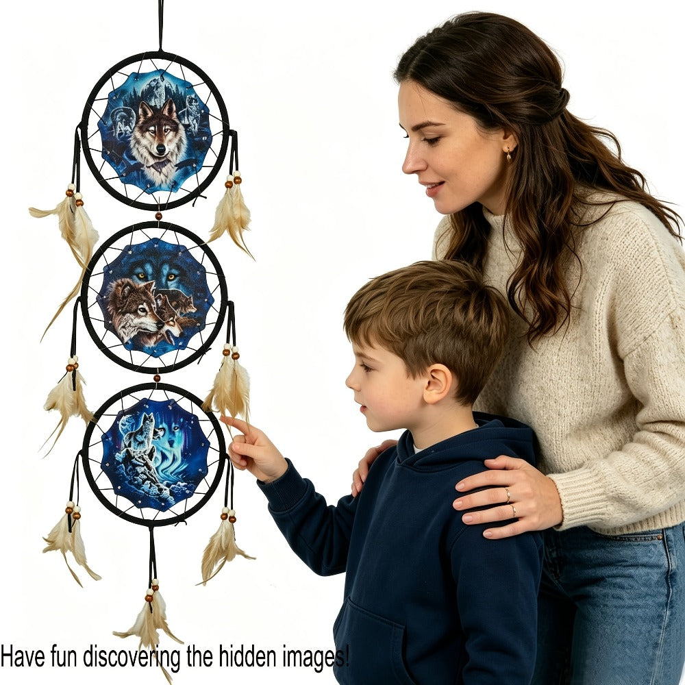 Dream Catcher Wall Decor Wolf Design Boho Bedroom Hanging Decoration – 6 Inch 3-Circle Feather Dream Catcher for Boys Kids Room, Nursery, Halloween, Christmas & Holiday Gift