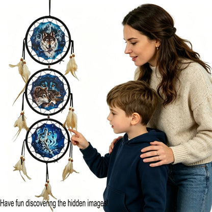 Dream Catcher Wall Decor Wolf Design Boho Bedroom Hanging Decoration – 6 Inch 3-Circle Feather Dream Catcher for Boys Kids Room, Nursery, Halloween, Christmas & Holiday Gift