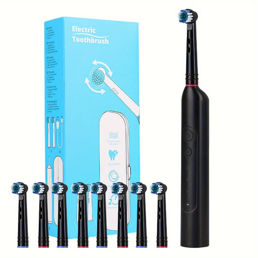 Electric Toothbrush with IPX7 Rating, Eight Round Brush Heads, Three Modes, Type-C Charging and Travel Case