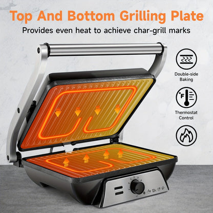 Panini Press Grill 3-in-1 Electric Indoor Grill with Non-Stick Plates - 180° Flat Grill Sandwich Maker with Floating Hinge Grease Tray Temperature Control, Compact Countertop Grill for Home Dorm Office