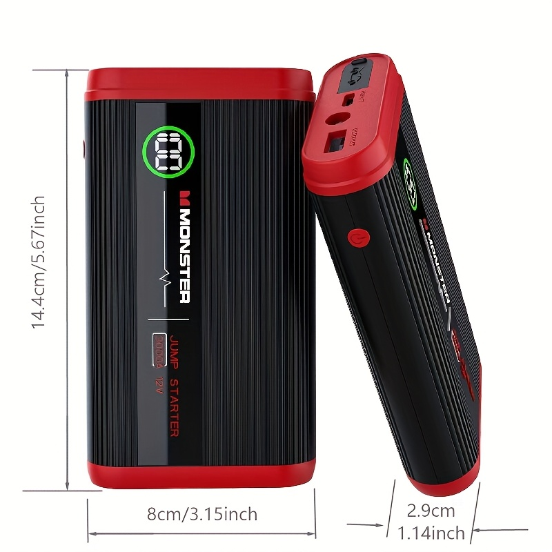 Lithium Jump Starter 3000A 8000mAh 12V Battery Pack USB-C Recharge Round LED Display for 6.0L Diesel 8.0L Gas Engines Compact Portable Emergency Booster