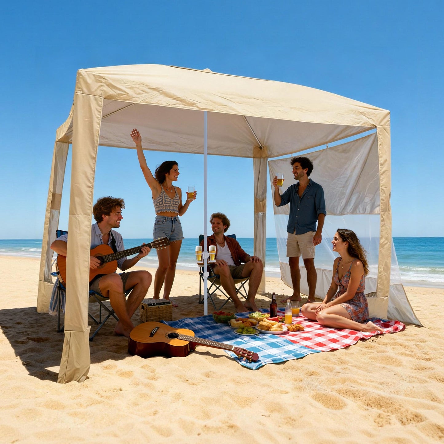 Beach Cabana 8x8ft UPF 50+ Adjustable Height Side Wall Navy Stripes