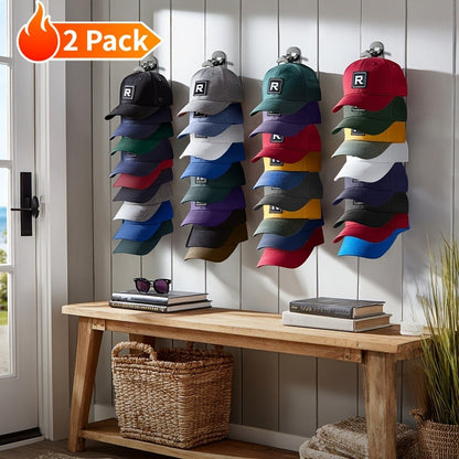 Wall Mounted Hat Rack for Baseball Caps – Adhesive or Drill Mount, Holds 20 Hats, Multilayer Storage, 2pcs