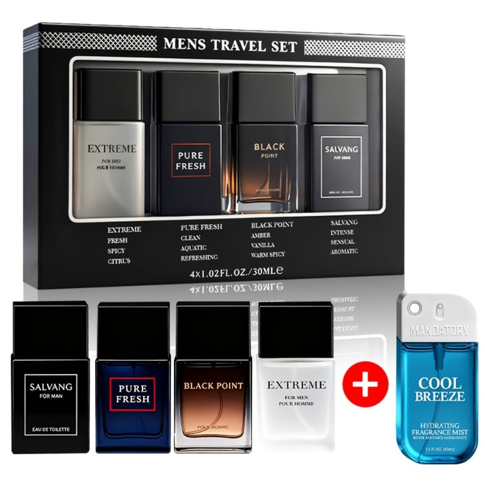 Perfume Gift Set for Men with Four 30ml Eau de Parfum Bottles, 1.5oz Body Mist and Black Box