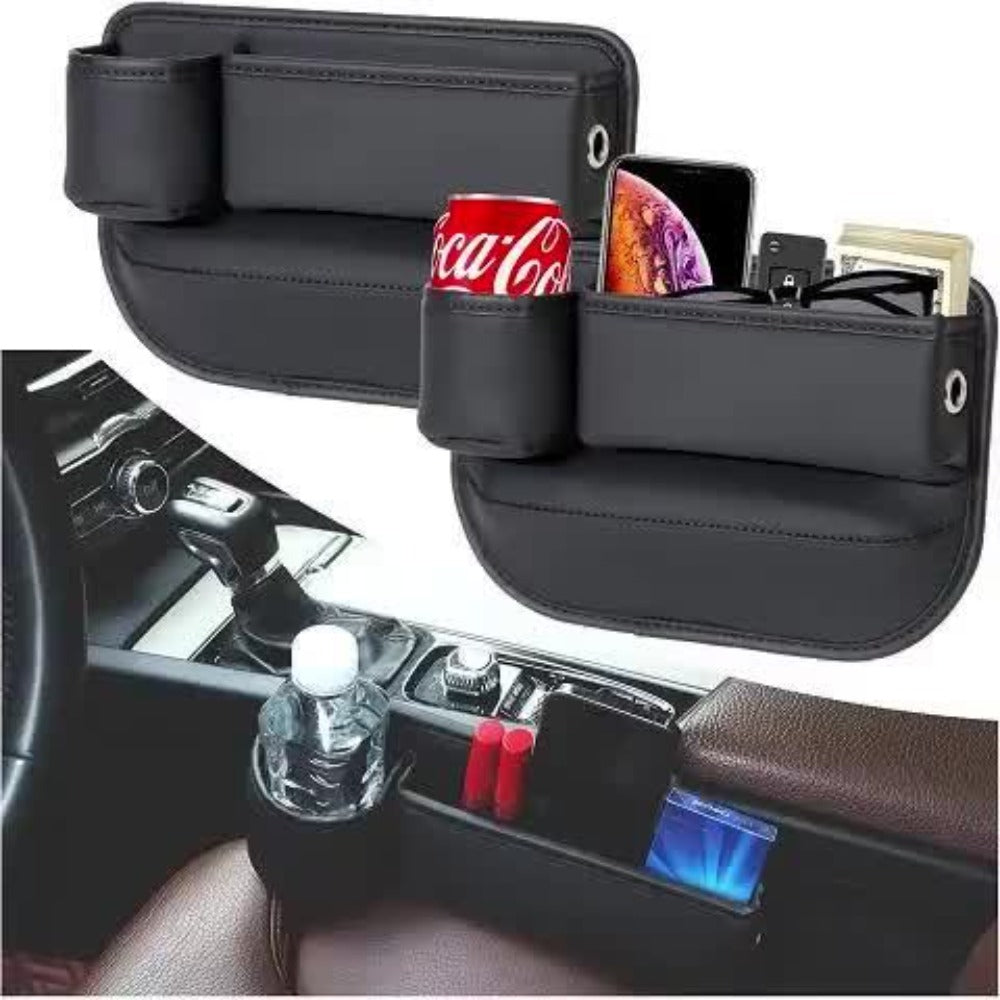 Car Seat Gap Organizer with Cup Holder – Adjustable PU Leather Side Seat Storage Box for Phone, Keys, Glasses & Cards | Multi-Functional Car Interior Organizer (2-Pack, Black)